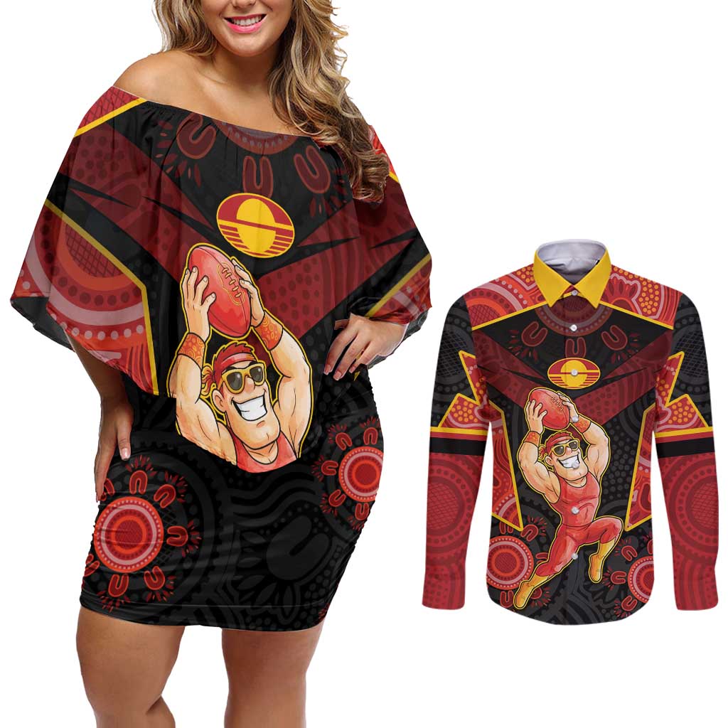 Custom Gold Coast Suns Red Couples Matching Off Shoulder Short Dress and Long Sleeve Button Shirt Football Player Sun Emblem Dynamic