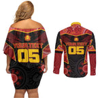 Custom Gold Coast Suns Red Couples Matching Off Shoulder Short Dress and Long Sleeve Button Shirt Football Player Sun Emblem Dynamic