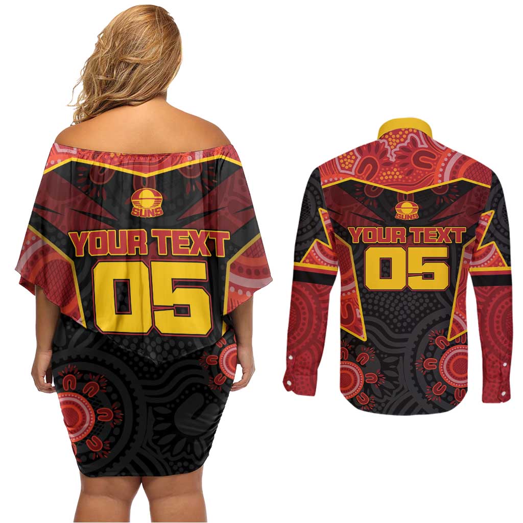 Custom Gold Coast Suns Red Couples Matching Off Shoulder Short Dress and Long Sleeve Button Shirt Football Player Sun Emblem Dynamic