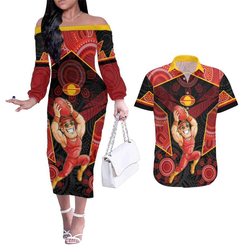 Custom Gold Coast Suns Red Couples Matching Off The Shoulder Long Sleeve Dress and Hawaiian Shirt Football Player Sun Emblem Dynamic