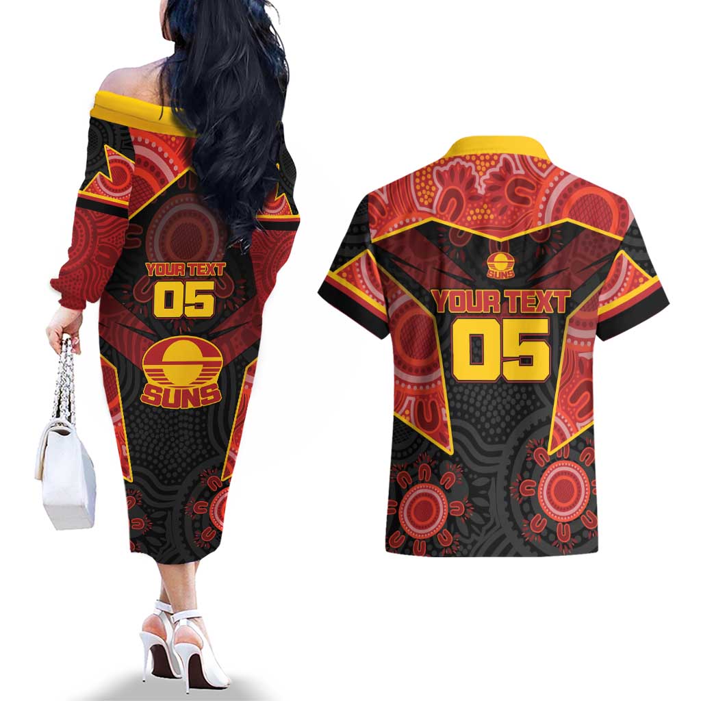 Custom Gold Coast Suns Red Couples Matching Off The Shoulder Long Sleeve Dress and Hawaiian Shirt Football Player Sun Emblem Dynamic