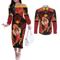 Custom Gold Coast Suns Red Couples Matching Off The Shoulder Long Sleeve Dress and Long Sleeve Button Shirt Football Player Sun Emblem Dynamic