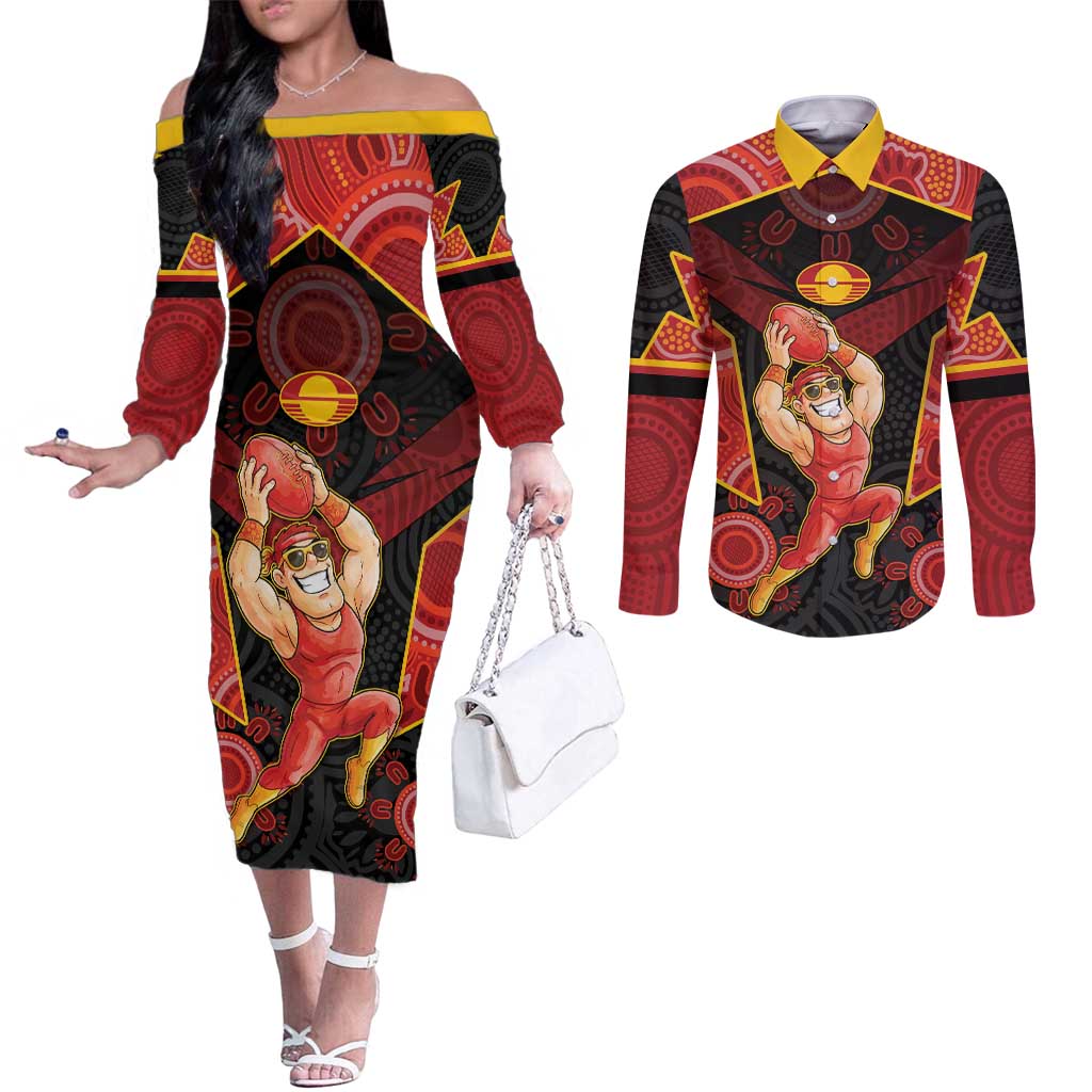 Custom Gold Coast Suns Red Couples Matching Off The Shoulder Long Sleeve Dress and Long Sleeve Button Shirt Football Player Sun Emblem Dynamic