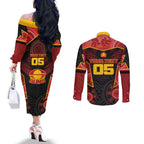 Custom Gold Coast Suns Red Couples Matching Off The Shoulder Long Sleeve Dress and Long Sleeve Button Shirt Football Player Sun Emblem Dynamic