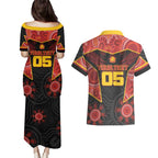 Custom Gold Coast Suns Red Couples Matching Puletasi and Hawaiian Shirt Football Player Sun Emblem Dynamic