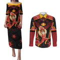 Custom Gold Coast Suns Red Couples Matching Puletasi and Long Sleeve Button Shirt Football Player Sun Emblem Dynamic