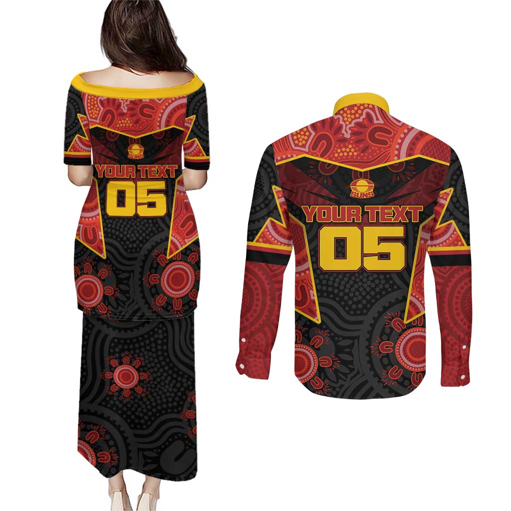 Custom Gold Coast Suns Red Couples Matching Puletasi and Long Sleeve Button Shirt Football Player Sun Emblem Dynamic
