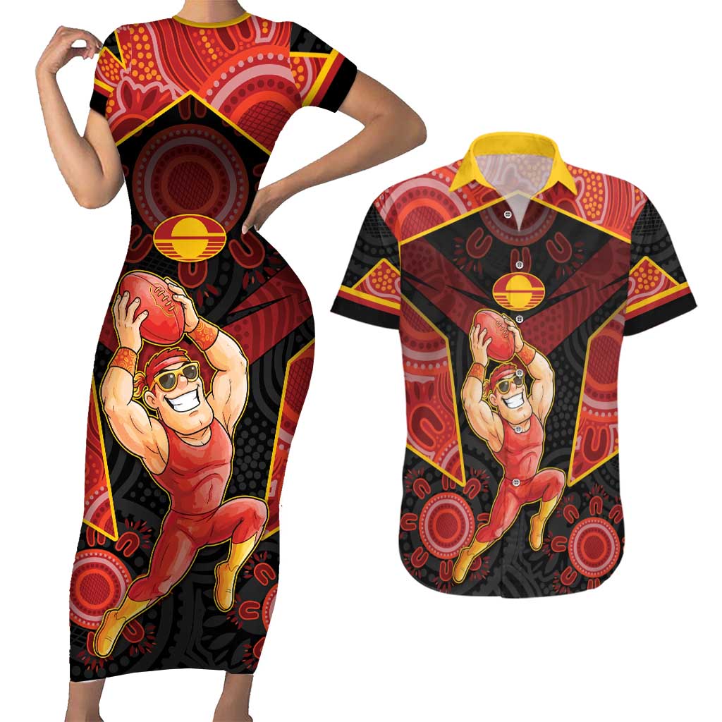 Custom Gold Coast Suns Red Couples Matching Short Sleeve Bodycon Dress and Hawaiian Shirt Football Player Sun Emblem Dynamic