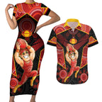 Custom Gold Coast Suns Red Couples Matching Short Sleeve Bodycon Dress and Hawaiian Shirt Football Player Sun Emblem Dynamic