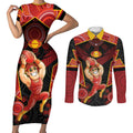 Custom Gold Coast Suns Red Couples Matching Short Sleeve Bodycon Dress and Long Sleeve Button Shirt Football Player Sun Emblem Dynamic