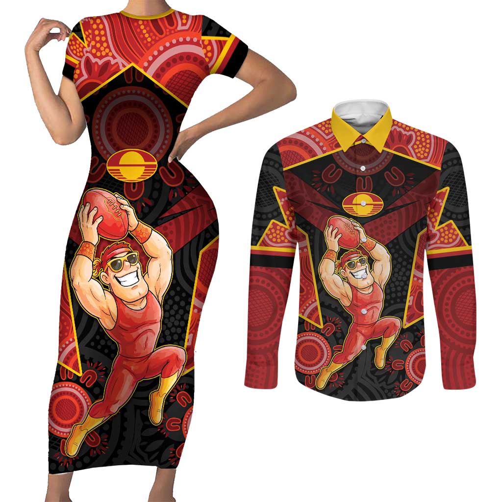 Custom Gold Coast Suns Red Couples Matching Short Sleeve Bodycon Dress and Long Sleeve Button Shirt Football Player Sun Emblem Dynamic