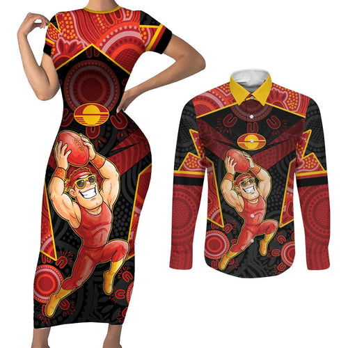 Custom Gold Coast Suns Red Couples Matching Short Sleeve Bodycon Dress and Long Sleeve Button Shirt Football Player Sun Emblem Dynamic
