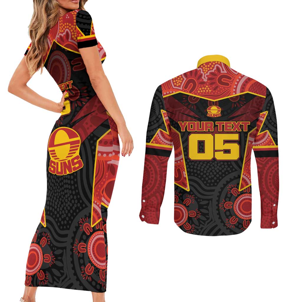 Custom Gold Coast Suns Red Couples Matching Short Sleeve Bodycon Dress and Long Sleeve Button Shirt Football Player Sun Emblem Dynamic