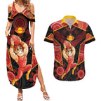 Custom Gold Coast Suns Red Couples Matching Summer Maxi Dress and Hawaiian Shirt Football Player Sun Emblem Dynamic