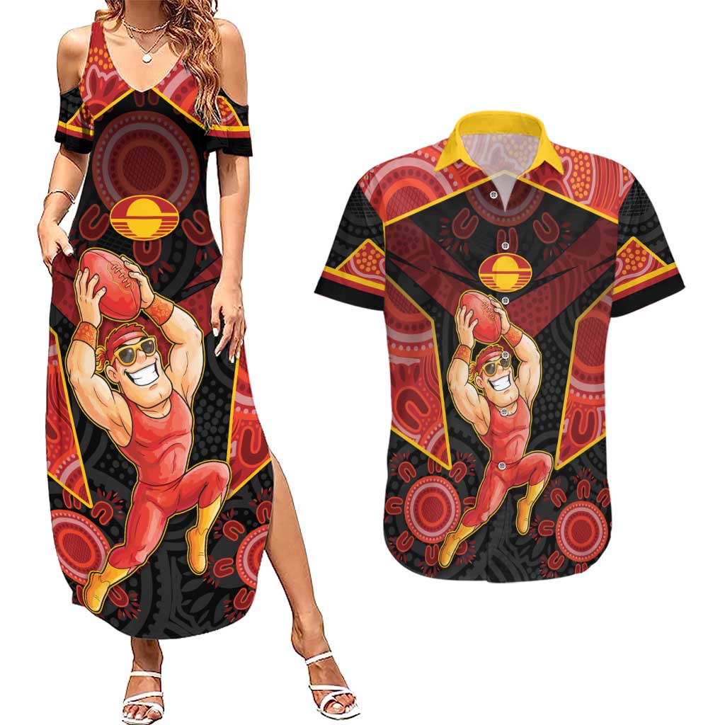 Custom Gold Coast Suns Red Couples Matching Summer Maxi Dress and Hawaiian Shirt Football Player Sun Emblem Dynamic
