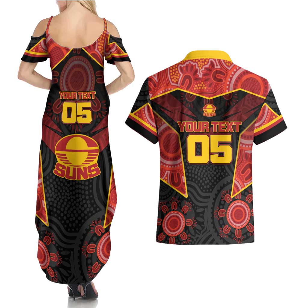 Custom Gold Coast Suns Red Couples Matching Summer Maxi Dress and Hawaiian Shirt Football Player Sun Emblem Dynamic