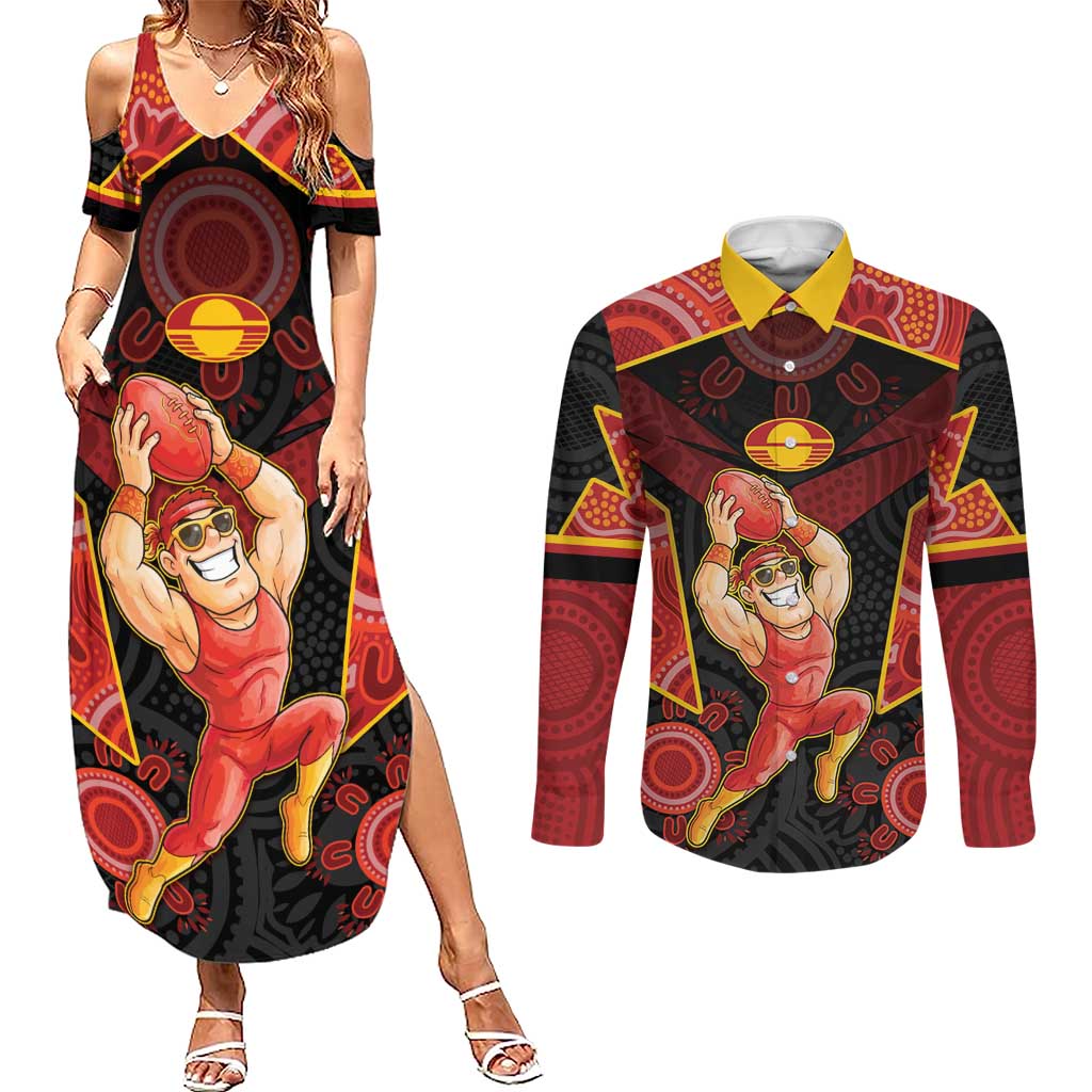 Custom Gold Coast Suns Red Couples Matching Summer Maxi Dress and Long Sleeve Button Shirt Football Player Sun Emblem Dynamic