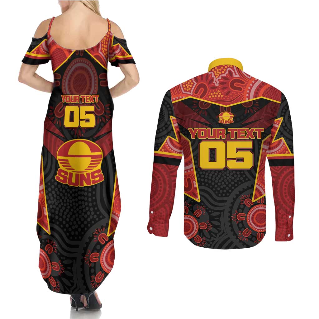 Custom Gold Coast Suns Red Couples Matching Summer Maxi Dress and Long Sleeve Button Shirt Football Player Sun Emblem Dynamic