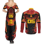Custom Gold Coast Suns Red Couples Matching Summer Maxi Dress and Long Sleeve Button Shirt Football Player Sun Emblem Dynamic