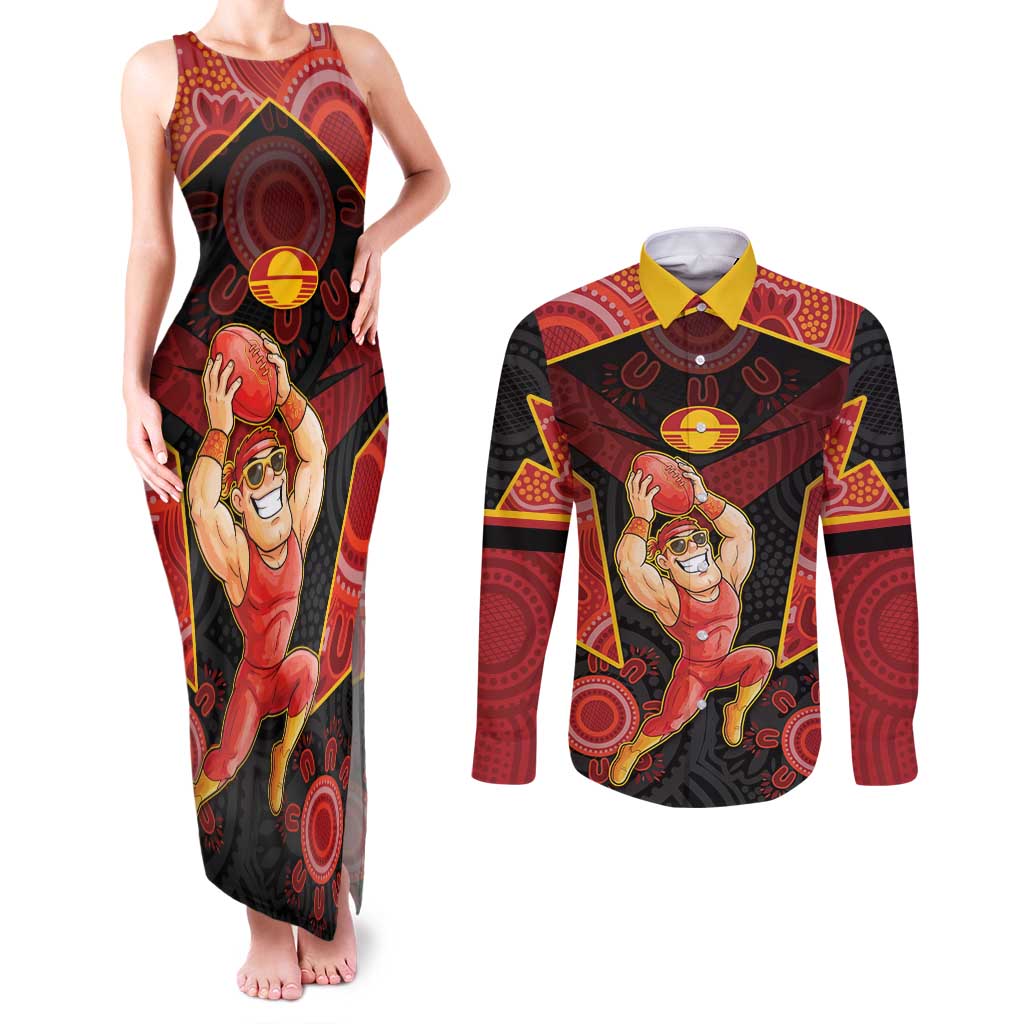 Custom Gold Coast Suns Red Couples Matching Tank Maxi Dress and Long Sleeve Button Shirt Football Player Sun Emblem Dynamic