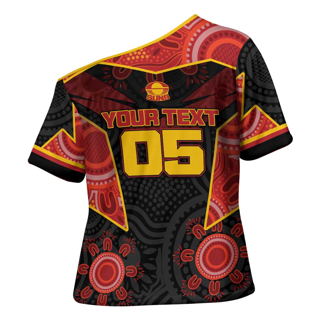 Custom Gold Coast Suns Red Cross Shoulder Shirt Football Player Sun Emblem Dynamic