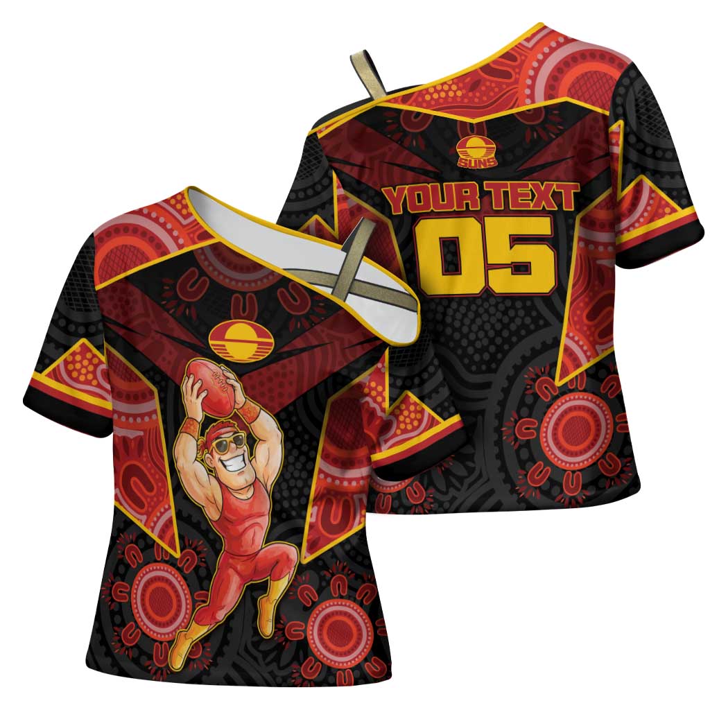 Custom Gold Coast Suns Red Cross Shoulder Shirt Football Player Sun Emblem Dynamic