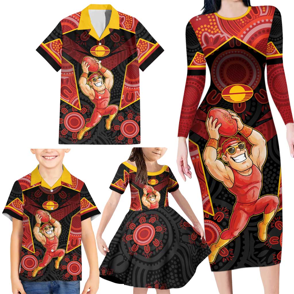 Custom Gold Coast Suns Red Family Matching Long Sleeve Bodycon Dress and Hawaiian Shirt Football Player Sun Emblem Dynamic