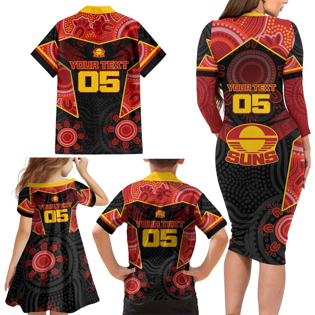 Custom Gold Coast Suns Red Family Matching Long Sleeve Bodycon Dress and Hawaiian Shirt Football Player Sun Emblem Dynamic