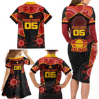 Custom Gold Coast Suns Red Family Matching Long Sleeve Bodycon Dress and Hawaiian Shirt Football Player Sun Emblem Dynamic