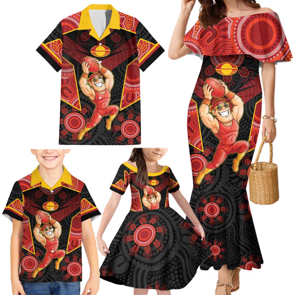 Custom Gold Coast Suns Red Family Matching Mermaid Dress and Hawaiian Shirt Football Player Sun Emblem Dynamic