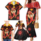 Custom Gold Coast Suns Red Family Matching Mermaid Dress and Hawaiian Shirt Football Player Sun Emblem Dynamic
