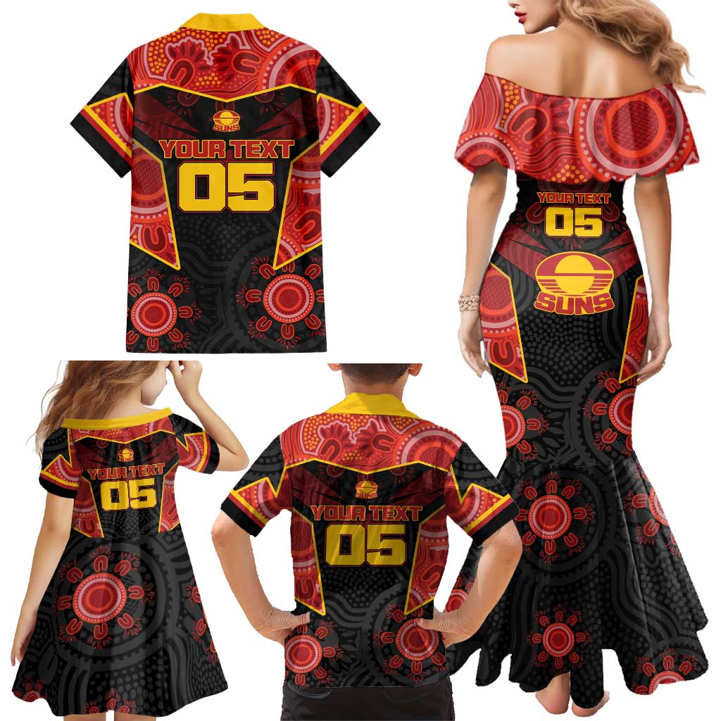 Custom Gold Coast Suns Red Family Matching Mermaid Dress and Hawaiian Shirt Football Player Sun Emblem Dynamic