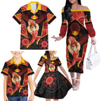 Custom Gold Coast Suns Red Family Matching Off The Shoulder Long Sleeve Dress and Hawaiian Shirt Football Player Sun Emblem Dynamic