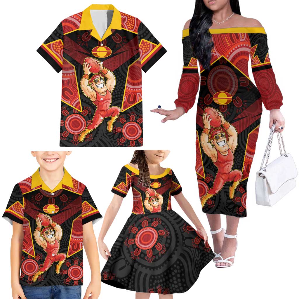 Custom Gold Coast Suns Red Family Matching Off The Shoulder Long Sleeve Dress and Hawaiian Shirt Football Player Sun Emblem Dynamic