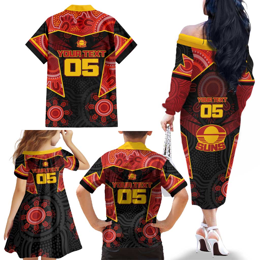 Custom Gold Coast Suns Red Family Matching Off The Shoulder Long Sleeve Dress and Hawaiian Shirt Football Player Sun Emblem Dynamic