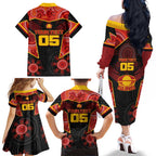 Custom Gold Coast Suns Red Family Matching Off The Shoulder Long Sleeve Dress and Hawaiian Shirt Football Player Sun Emblem Dynamic