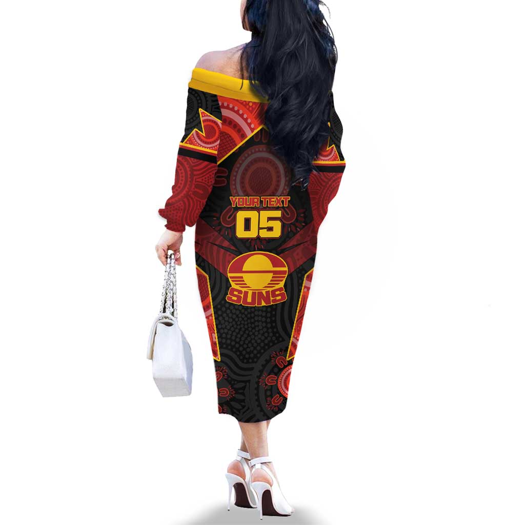 Custom Gold Coast Suns Red Family Matching Off The Shoulder Long Sleeve Dress and Hawaiian Shirt Football Player Sun Emblem Dynamic