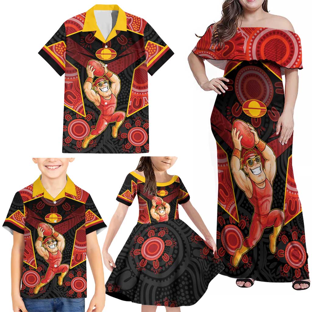 Custom Gold Coast Suns Red Family Matching Off Shoulder Maxi Dress and Hawaiian Shirt Football Player Sun Emblem Dynamic