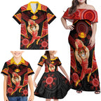 Custom Gold Coast Suns Red Family Matching Off Shoulder Maxi Dress and Hawaiian Shirt Football Player Sun Emblem Dynamic