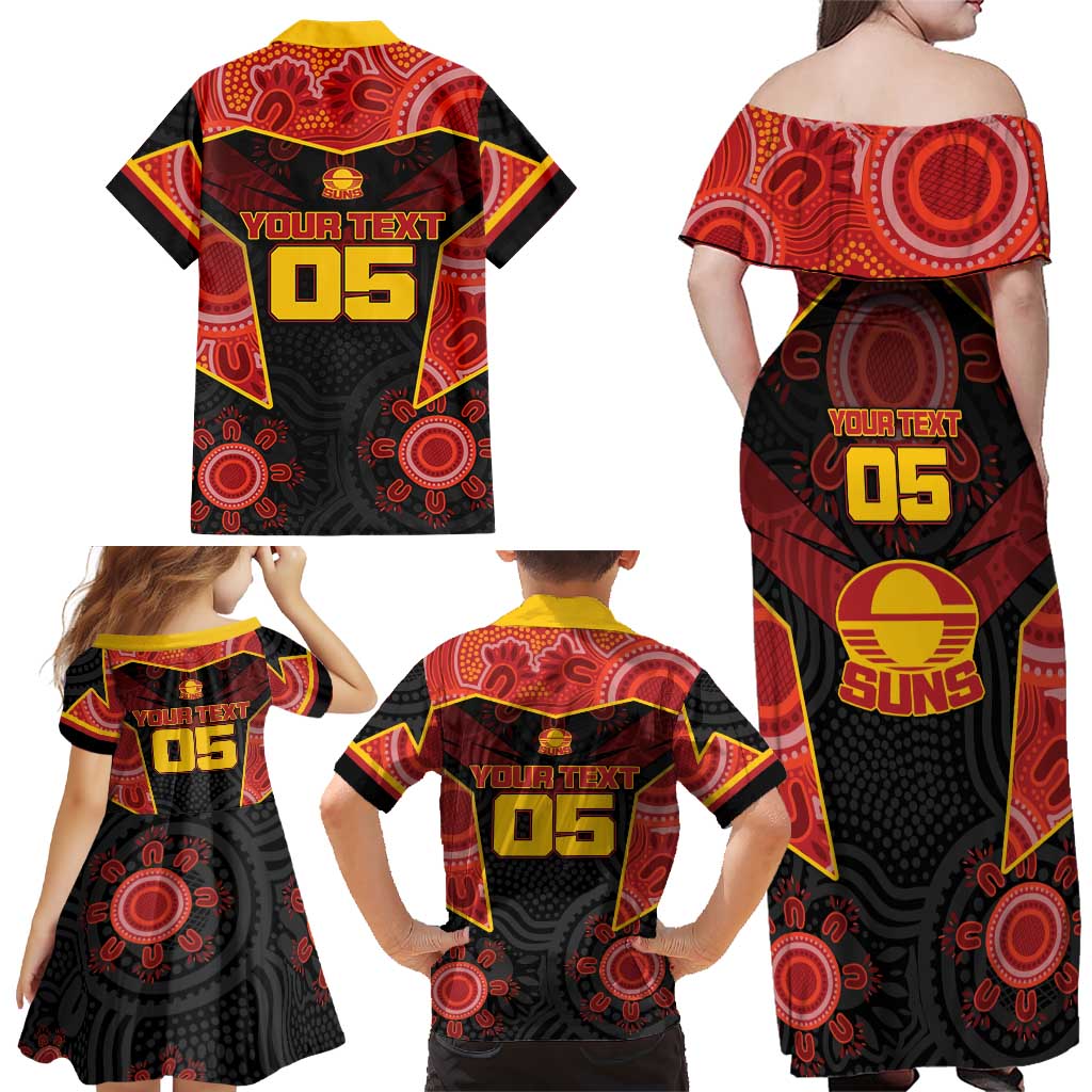 Custom Gold Coast Suns Red Family Matching Off Shoulder Maxi Dress and Hawaiian Shirt Football Player Sun Emblem Dynamic