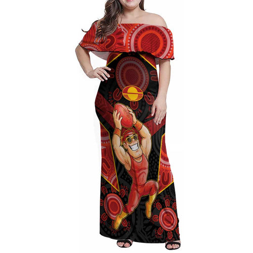 Custom Gold Coast Suns Red Family Matching Off Shoulder Maxi Dress and Hawaiian Shirt Football Player Sun Emblem Dynamic