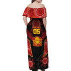 Custom Gold Coast Suns Red Family Matching Off Shoulder Maxi Dress and Hawaiian Shirt Football Player Sun Emblem Dynamic