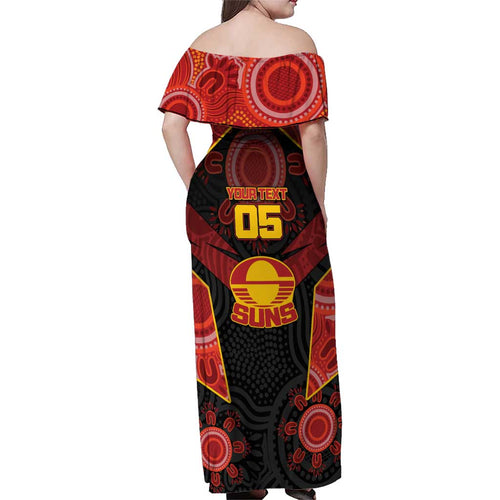 Custom Gold Coast Suns Red Family Matching Off Shoulder Maxi Dress and Hawaiian Shirt Football Player Sun Emblem Dynamic