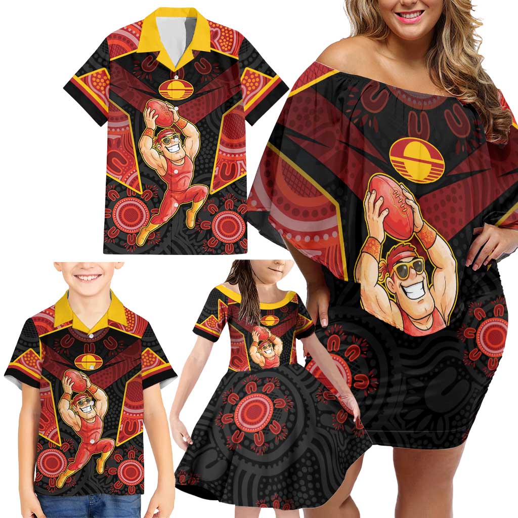 Custom Gold Coast Suns Red Family Matching Off Shoulder Short Dress and Hawaiian Shirt Football Player Sun Emblem Dynamic