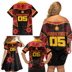 Custom Gold Coast Suns Red Family Matching Off Shoulder Short Dress and Hawaiian Shirt Football Player Sun Emblem Dynamic