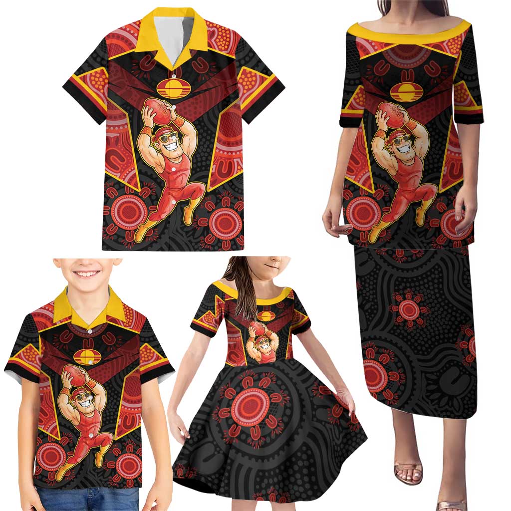 Custom Gold Coast Suns Red Family Matching Puletasi and Hawaiian Shirt Football Player Sun Emblem Dynamic