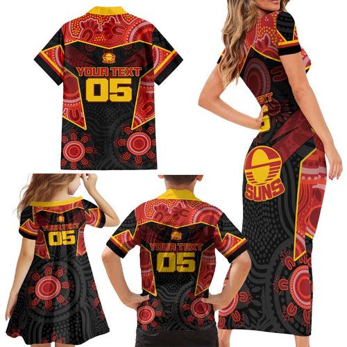 Custom Gold Coast Suns Red Family Matching Short Sleeve Bodycon Dress and Hawaiian Shirt Football Player Sun Emblem Dynamic