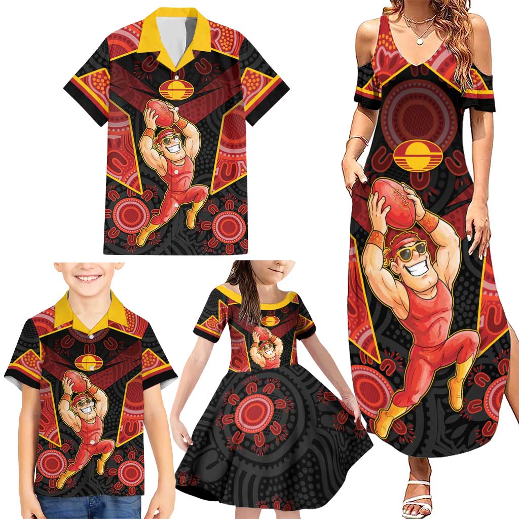 Custom Gold Coast Suns Red Family Matching Summer Maxi Dress and Hawaiian Shirt Football Player Sun Emblem Dynamic