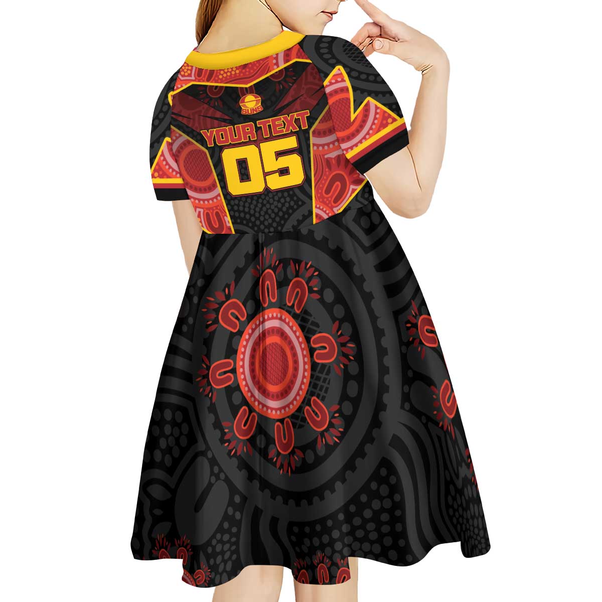Custom Gold Coast Suns Red Kid Short Sleeve Dress Football Player Sun Emblem Dynamic