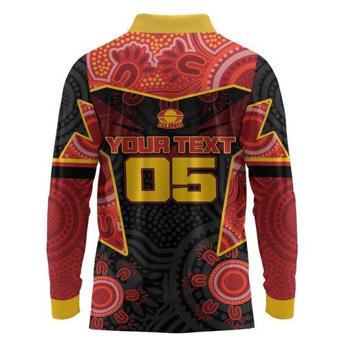 Custom Gold Coast Suns Red Long Sleeve Polo Shirt Football Player Sun Emblem Dynamic